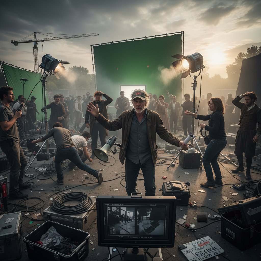 Confused film director on chaotic movie set with scattered props