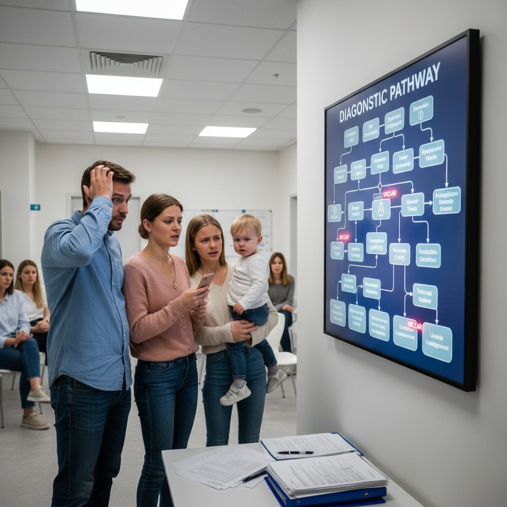 Zdezorientowana rodzina w przychodni – ilustracja problemów diagnostycznych