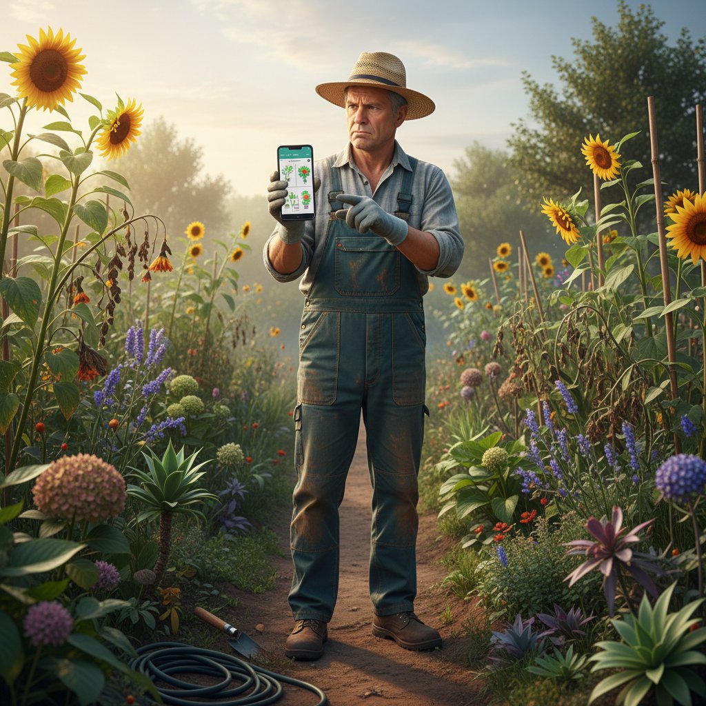 Zdezorientowany ogrodnik z telefonem w ręku, szukający informacji o roślinie wśród zieleni, słowo kluczowe: rozpoznawanie roślin online