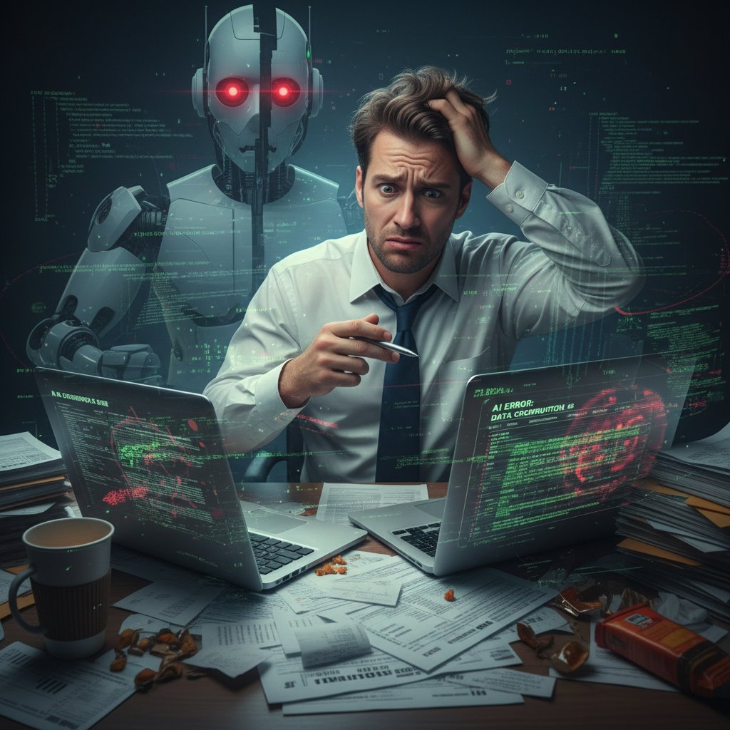 Mężczyzna zdezorientowany odpowiedzią AI podczas rozliczania podatków