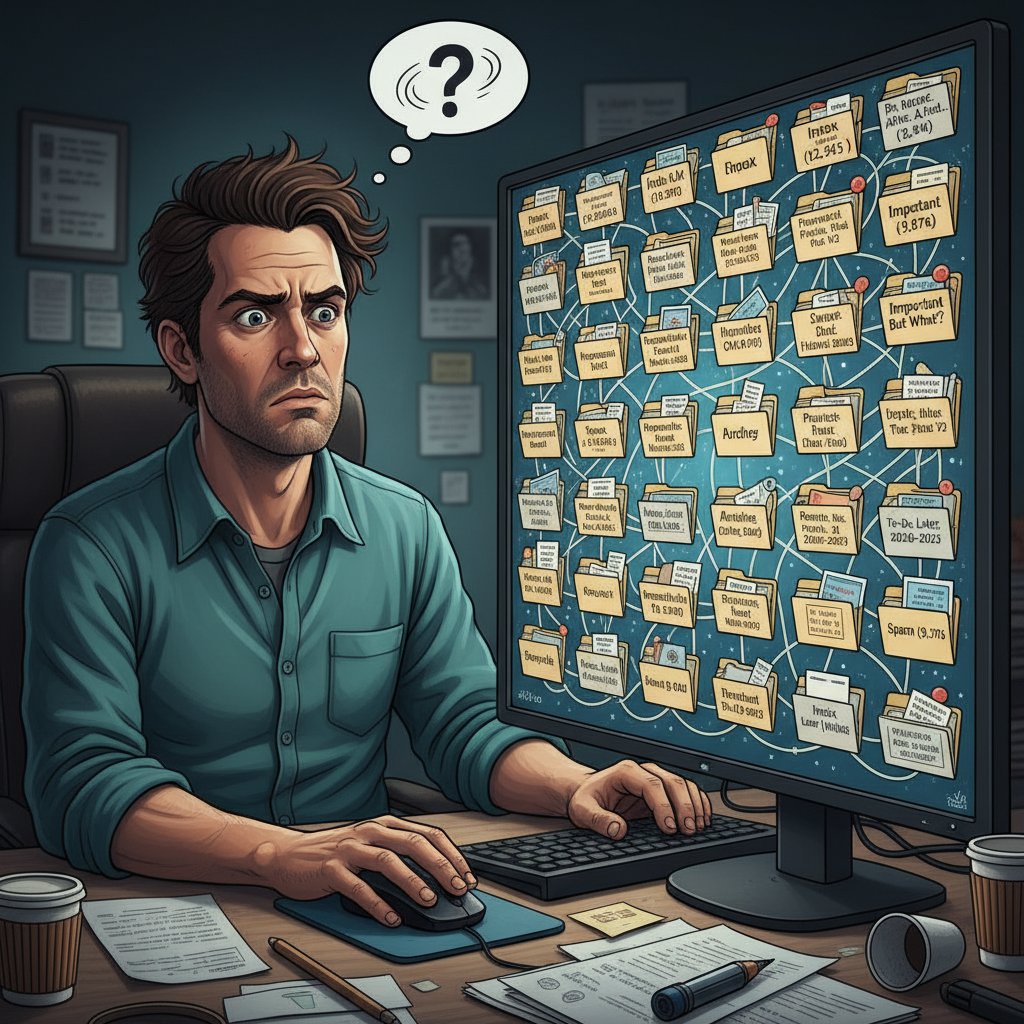 Mężczyzna zdezorientowany patrzący na ekran komputera z wieloma otwartymi folderami email, ilustracja problemu automatyzacji