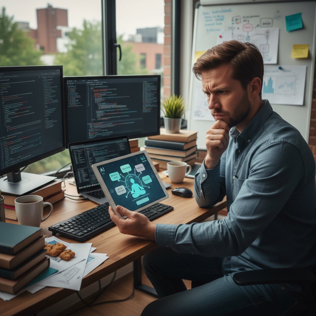 Osoba patrząca zdezorientowana na ekran smartfona z AI coachingiem, w tle domowe biuro, atmosfera zawahania