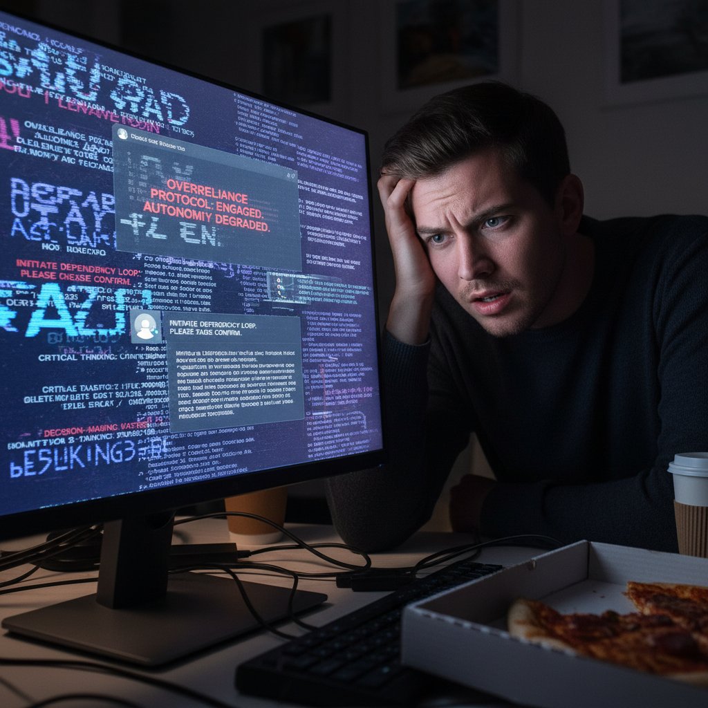 A person looking confused and frustrated at a computer screen displaying AI-generated text, symbolizing the risks of overreliance on chatbots