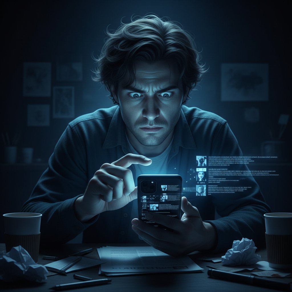 Osoba zagubiona w gąszczu zdrowotnych informacji online, przegląda telefon w niebieskim świetle, na twarzy widoczna konsternacja i zmęczenie