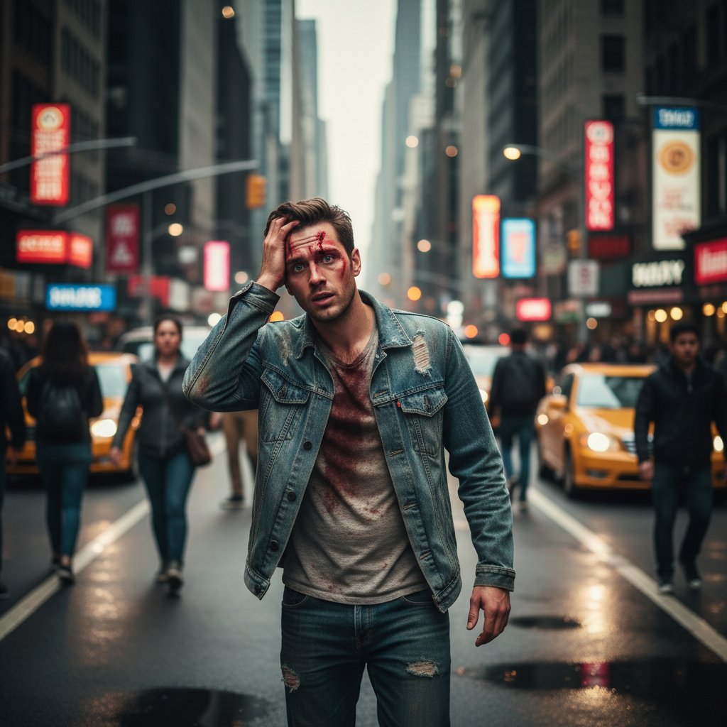 Osoba zdezorientowana po urazie głowy na ulicy, widoczny niepokój i niepewny chód