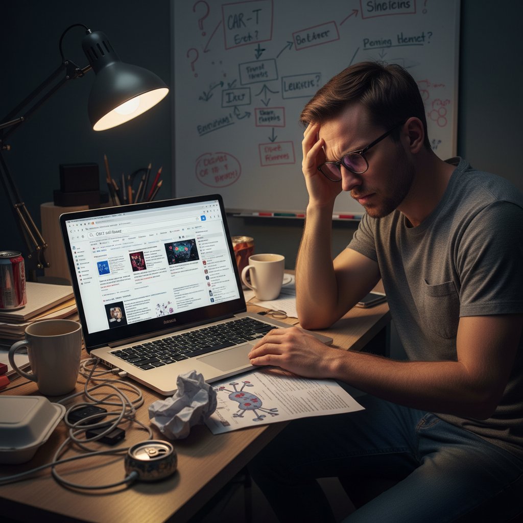 Zbliżenie na zdezorientowaną osobę czytającą artykuły o CAR-T w Internecie; chaos informacyjny, przeglądanie kilku urządzeń naraz