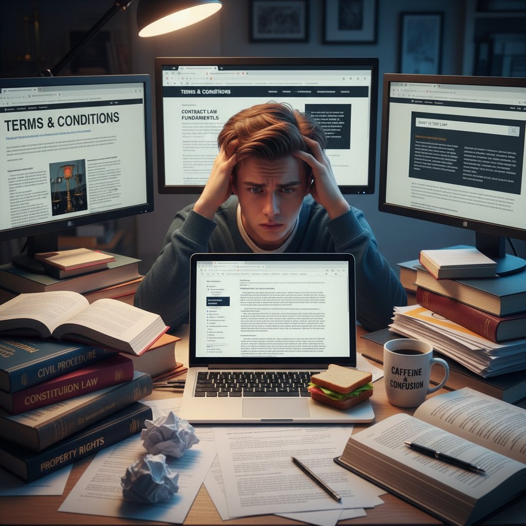 Osoba zdezorientowana przy komputerze, przeglądająca różne źródła prawne