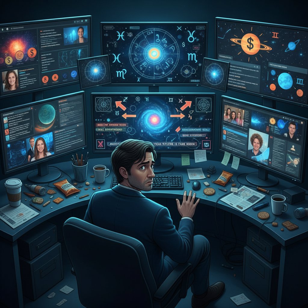 Osoba zdezorientowana, patrząca na wiele ekranów z astrologicznymi poradami