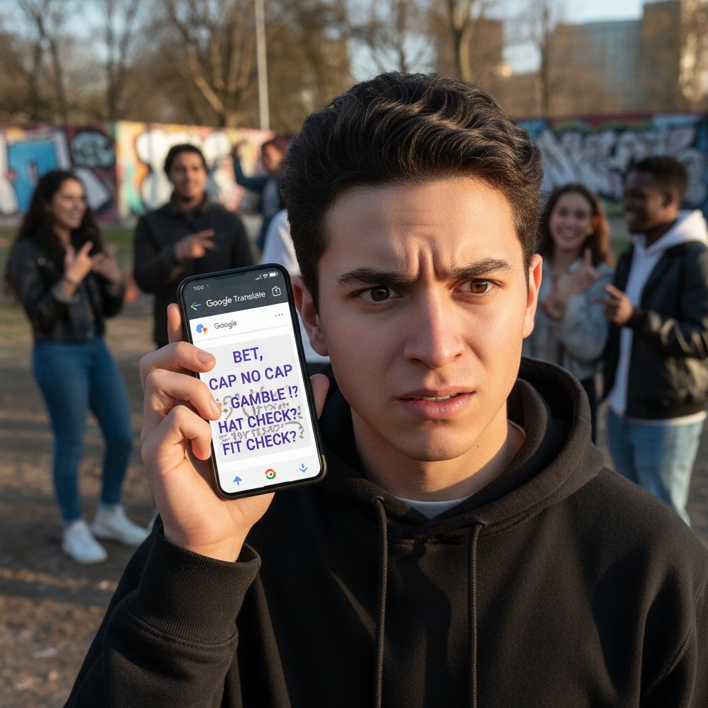 Osoba patrząca zdezorientowana na ekran telefonu, na którym Google Translate tłumaczy zwroty slangowe, w tle młodzież śmiejąca się