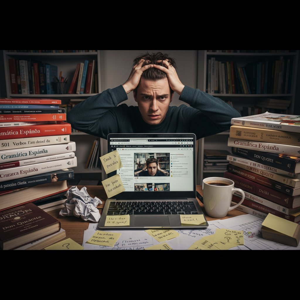 Osoba zdezorientowana ilością materiałów do nauki hiszpańskiego, w tle stosy książek i ekran laptopa