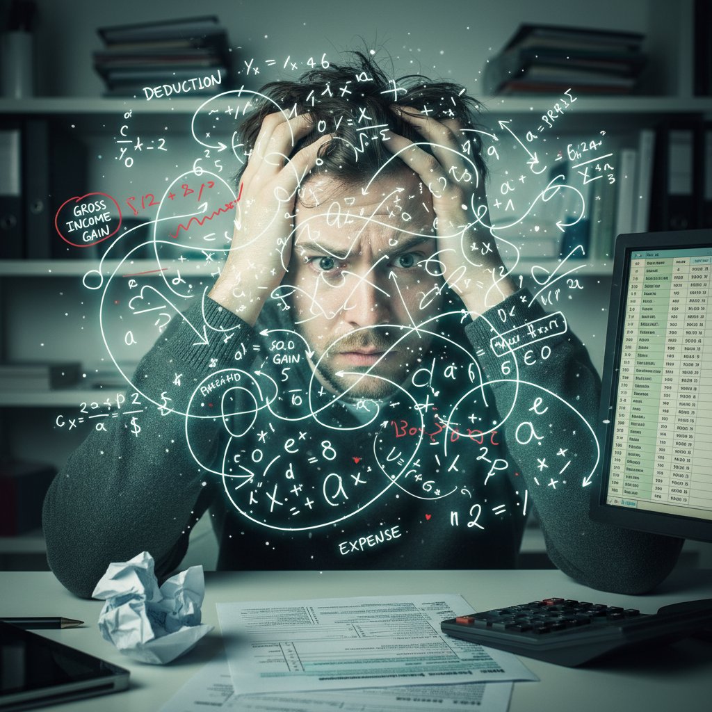 Confused person facing a wall of numbers representing tangled tax equations and calculations
