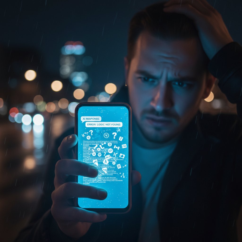 Osoba zastanawiająca się nad odpowiedzią AI, niepewność, ekran smartfona, noc