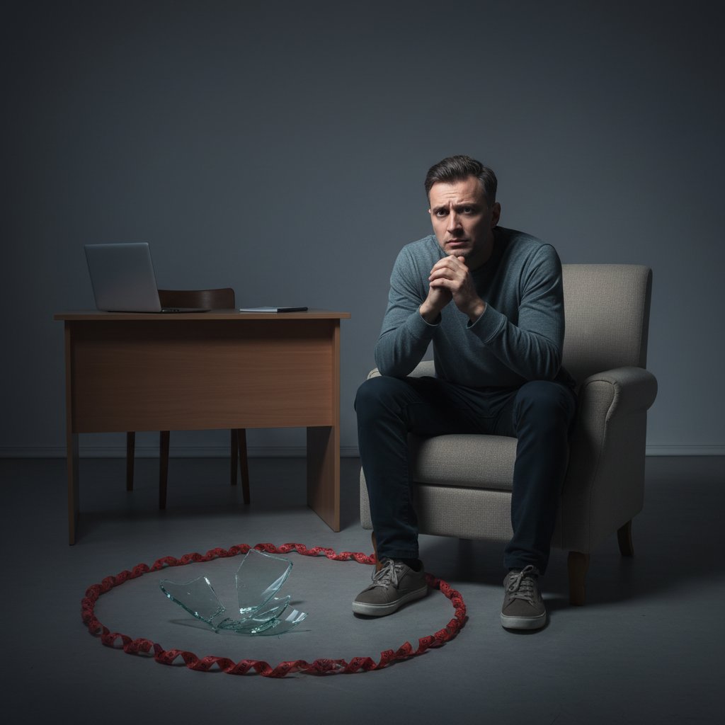 Osoba zdezorientowana przed wejściem do nieoznakowanego gabinetu psychologa, symbolizująca ryzyko wyboru niewłaściwego specjalisty