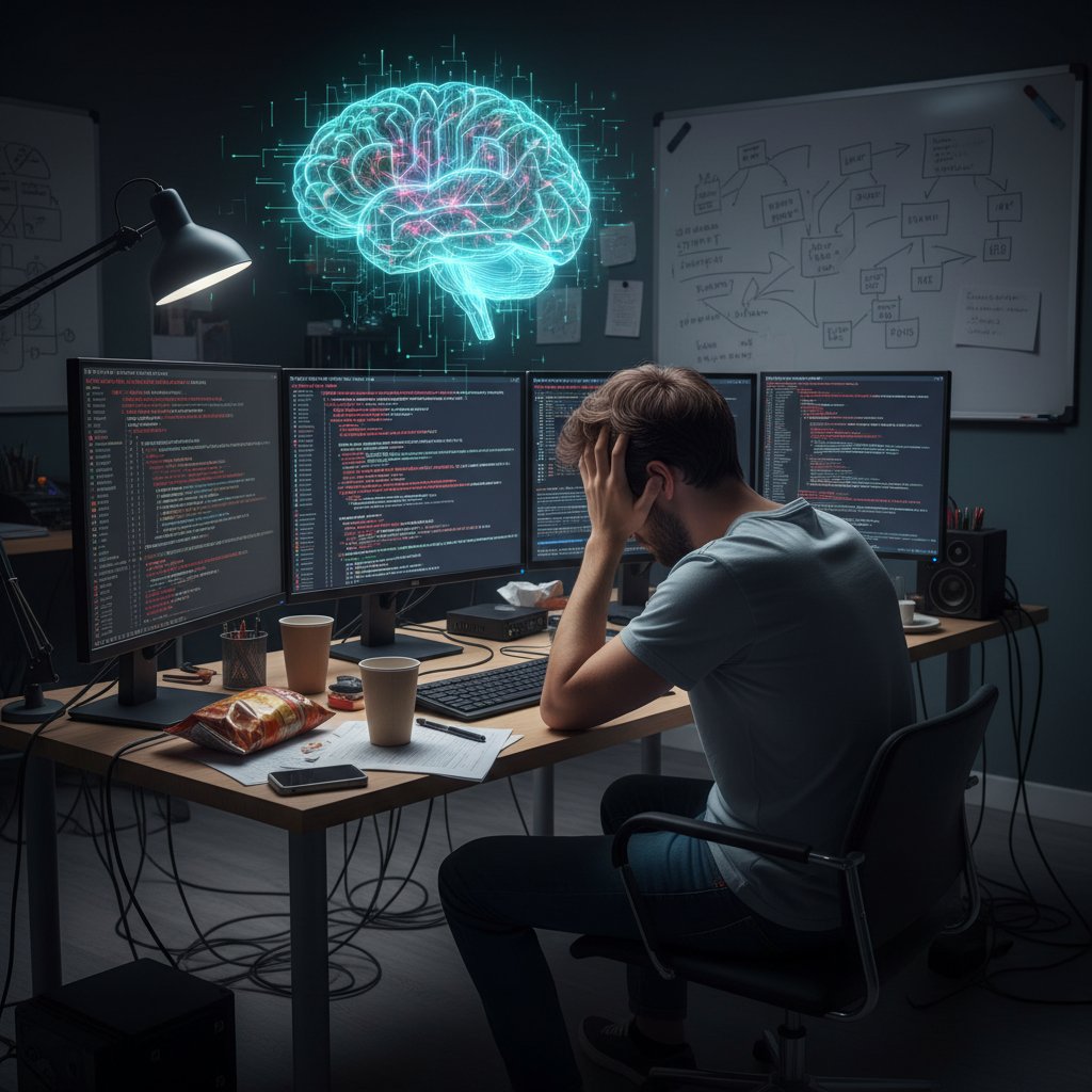 Programista patrzy zdezorientowany na ekran z błędem w Pythonie, AI obok