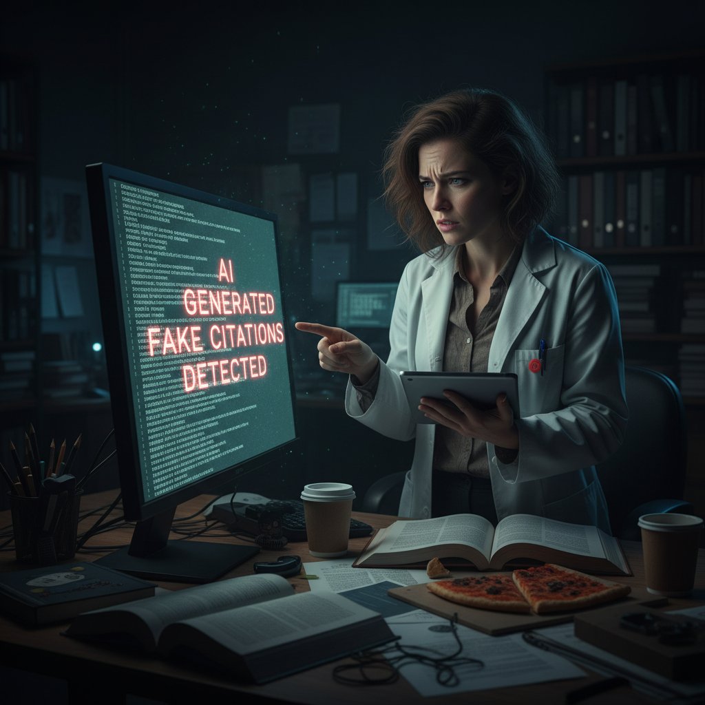 Photo of a confused researcher confronting AI-generated fake citations on a screen, dim modern office, virtual assistant for academic citation checking
