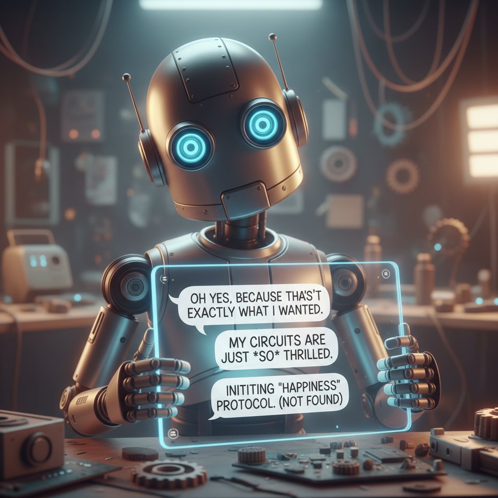 Robot o zmieszczonym wyrazie twarzy czytający sarkastyczne polskie wiadomości tekstowe, AI a ironia klienta