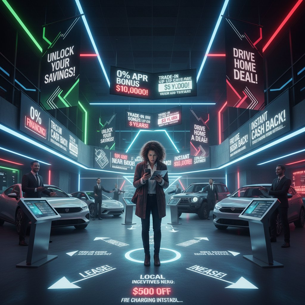 Confused shopper looking at dealership offers in a showroom, puzzled and edgy, car buying incentives near me