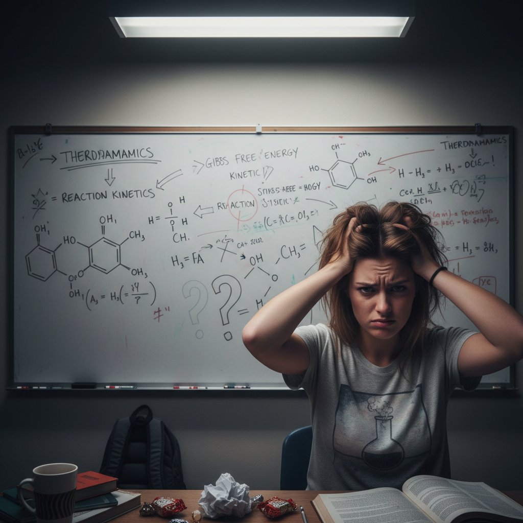 Zbliżenie na zdezorientowanego ucznia patrzącego na tablicę chemiczną, z elementami chaosu i frustracji