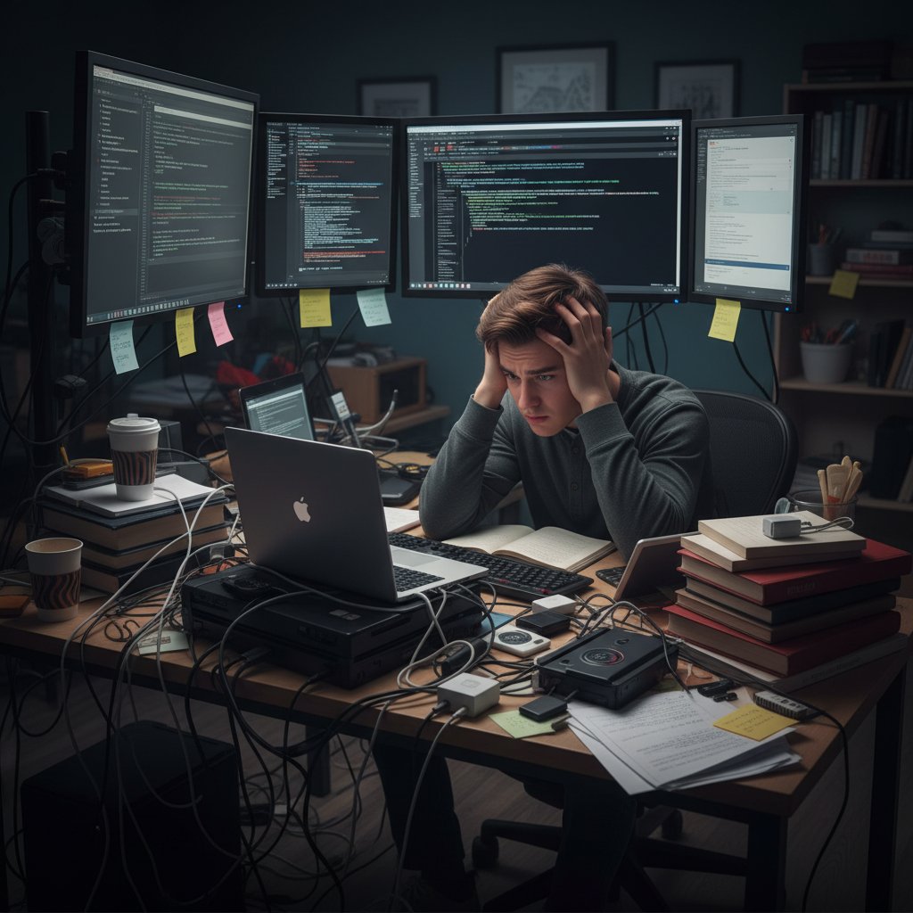 Student zdezorientowany przy komputerze, zbyt wiele otwartych zakładek, chaos na biurku
