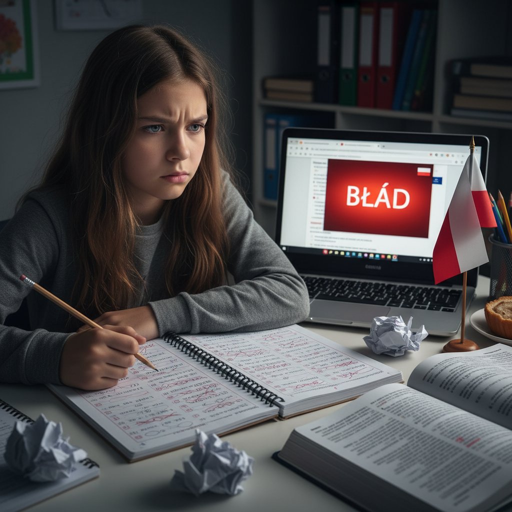 Zdezorientowany uczeń przed monitorem, na ekranie pojawia się komunikat o błędzie w zadaniu z polskiego