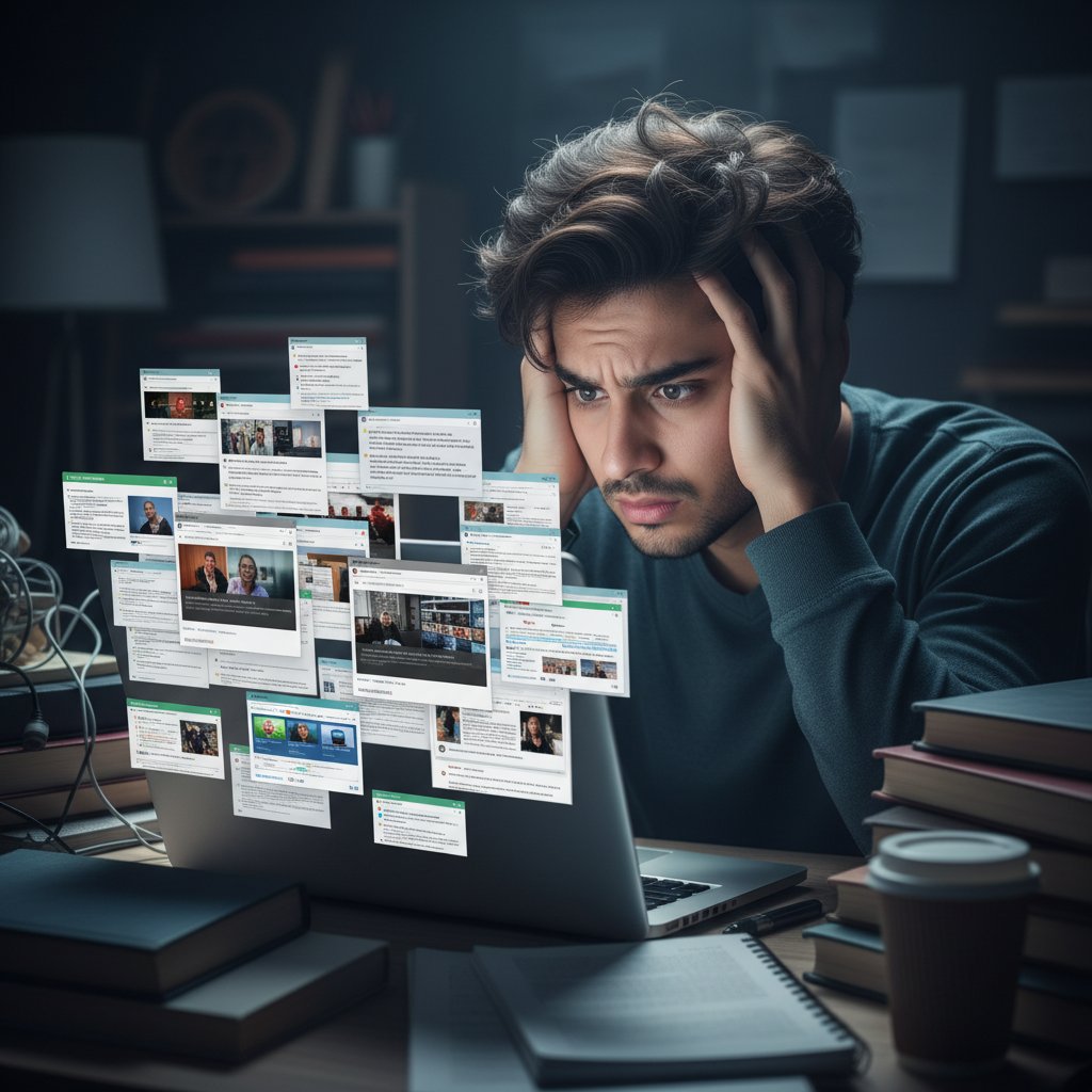 Uczeń zdezorientowany podczas nauki online, mnóstwo otwartych zakładek na laptopie, atmosfera napięcia