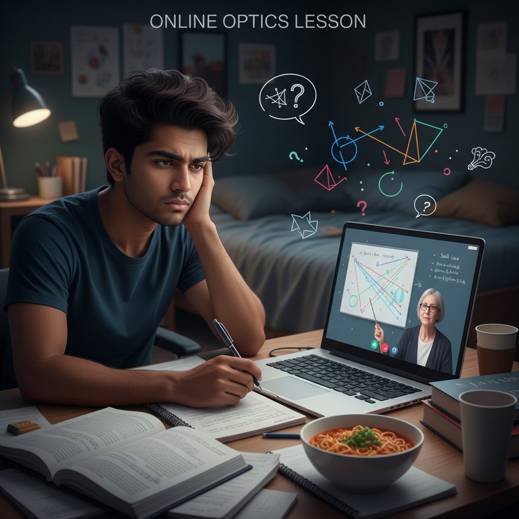 Uczeń popełniający błędy na lekcji optyki online, zdezorientowany patrzy w ekran, nie korzysta z wizualizacji