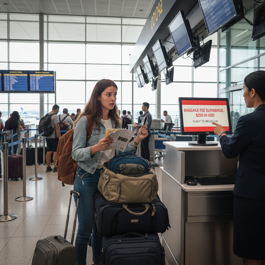 Confused traveler at airport check-in counter, surprised baggage fees and surcharges displayed on screen