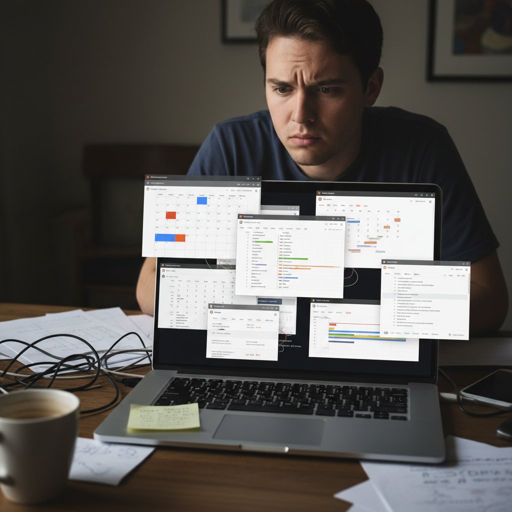 Zagubiony użytkownik z wieloma otwartymi aplikacjami do planowania na ekranie laptopa