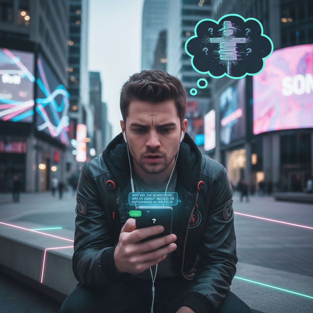 Zdezorientowany użytkownik patrzący na ekran smartfona, AI odpowiadające nietrafionym żartem