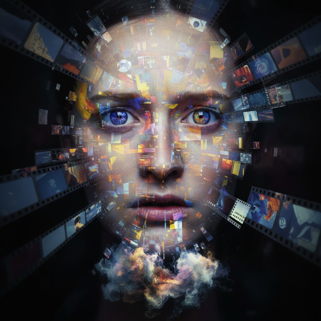 Confused movie viewer experiencing abstract cinema, close-up with shifting, moody lighting, facial expression blending confusion and fascination