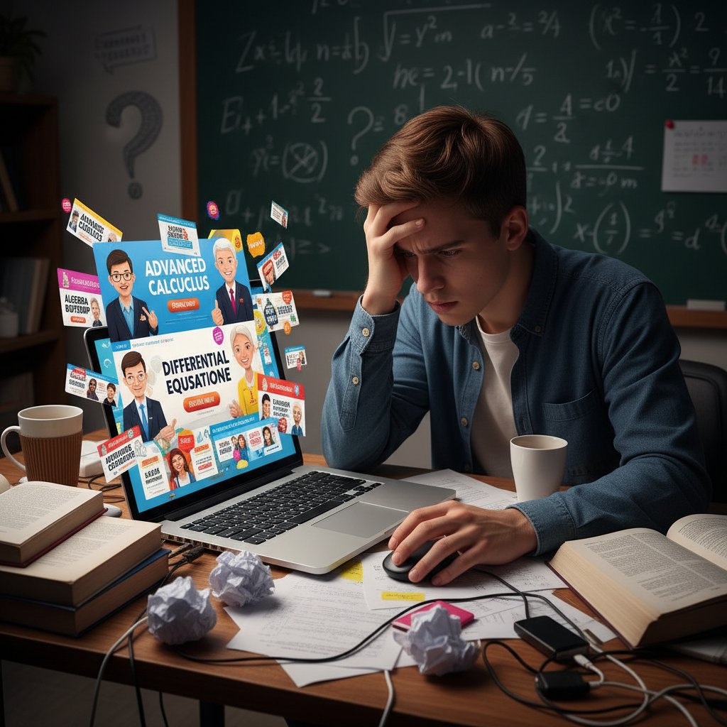 Młoda osoba zdezorientowana przed ekranem pełnym reklam kursów matematyki online, matematyka 2 liceum online