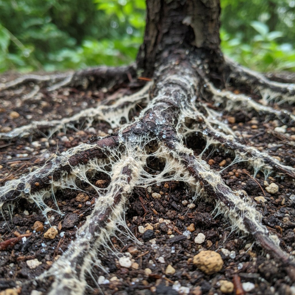 Zbliżenie na korzenie iglaka z wyraźnymi strzępkami grzybni mikoryzowej w świeżo przekopanej ziemi