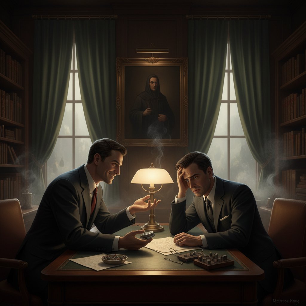 Dwie osoby rozmawiające konspiracyjnie w ciemnym biurze – przykładowa scena triangulacji i podziału ról