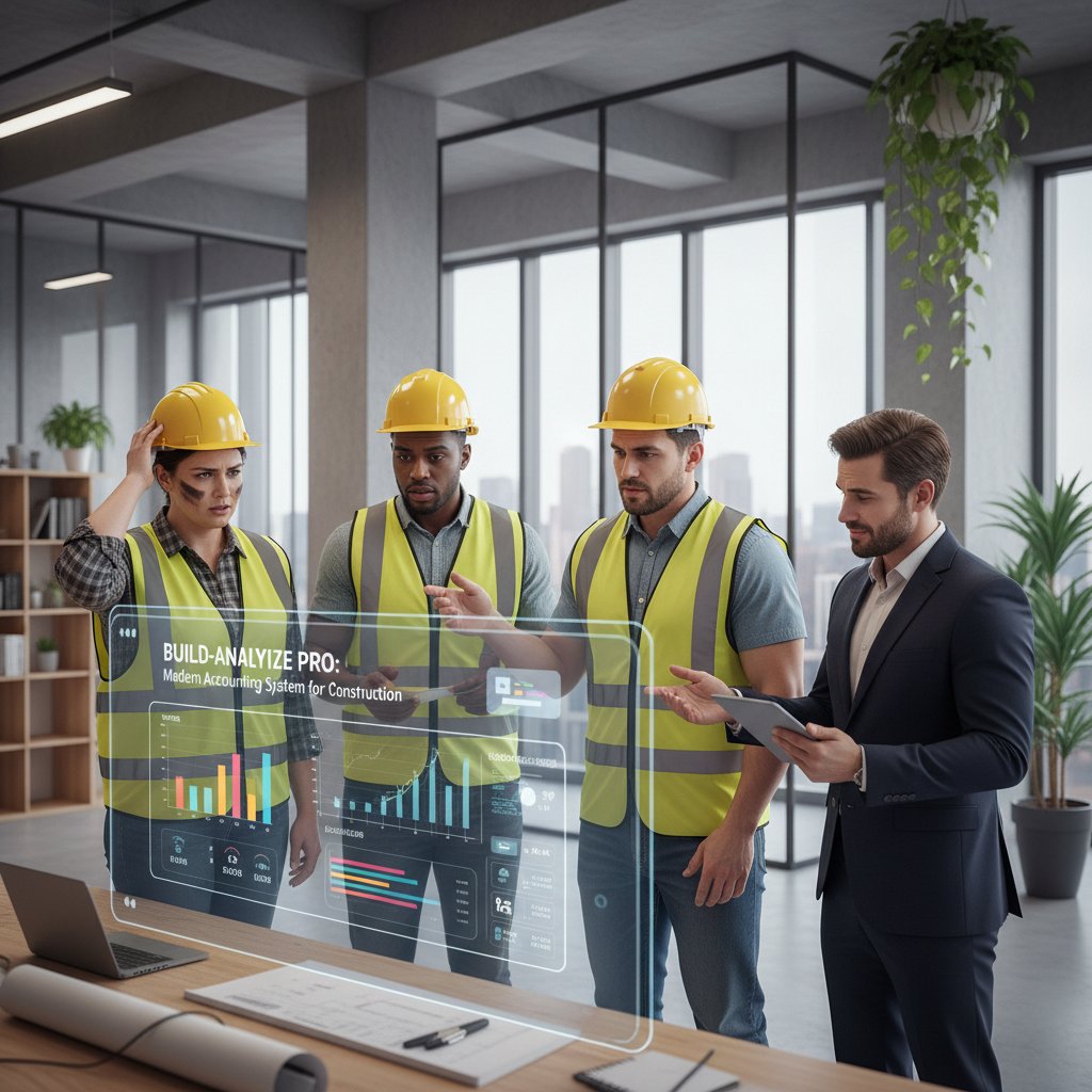 Zespół budowlany w biurze spoglądający niepewnie na prezentację nowoczesnego systemu księgowego