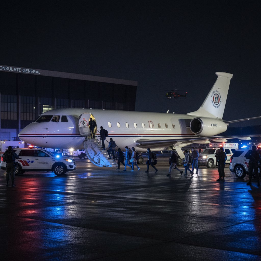 Consulate aircraft boarding at night, emergency evacuation, diverse passengers
