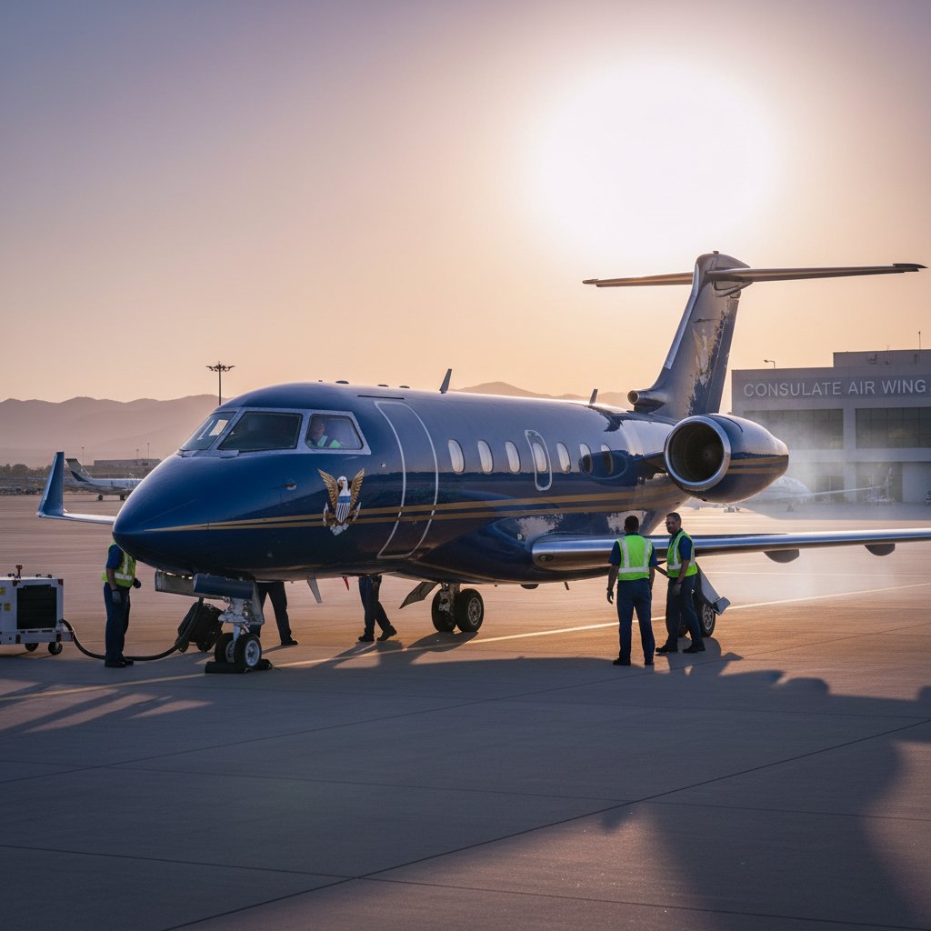 Consulate jet on standby, crew and diplomats preparing, sunset on tarmac