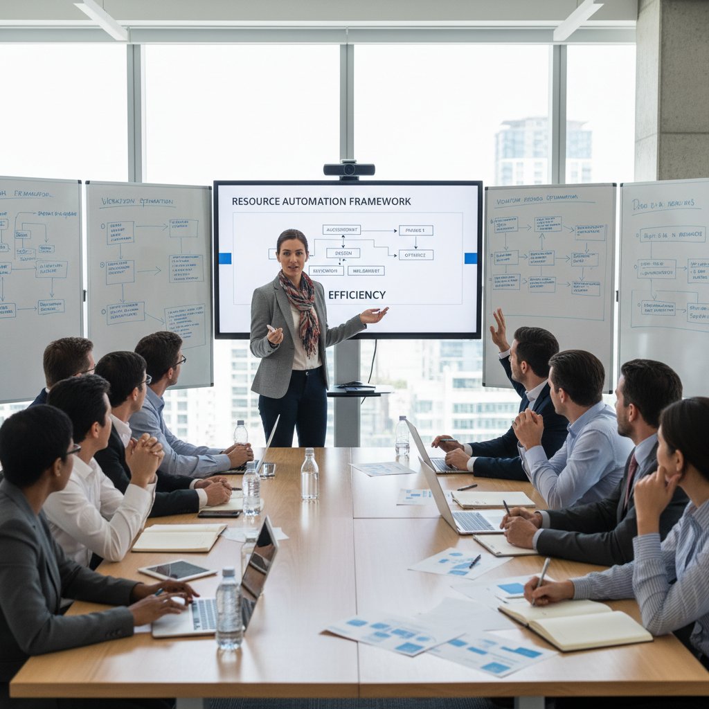 Konsultant przeprowadza warsztat z zespołem nad wdrożeniem automatyzacji zasobów
