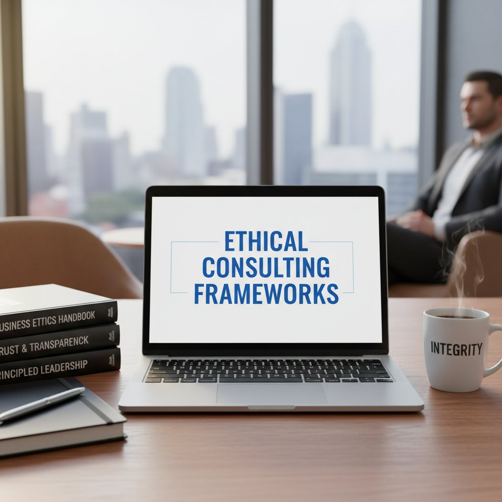 Beraterin prüft ethische Richtlinien an Laptop, Bücher zu KI und Ethik daneben, seriöse Atmosphäre