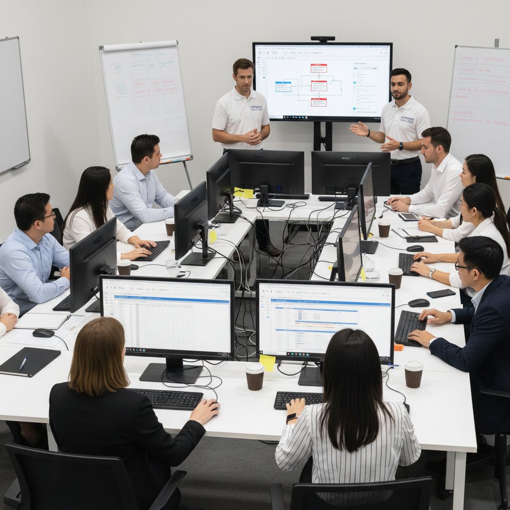 Zdjęcie zespołu konsultantów i klientów podczas szkolenia z automatyzacji procesów biurowych, wspólna praca przy komputerach