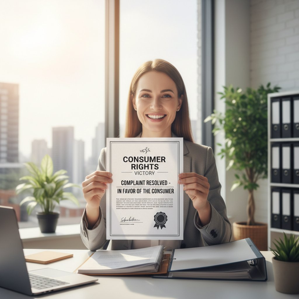 Konsument trzymający wygraną sprawę reklamacyjną, radość, dokument, prawa konsumenta