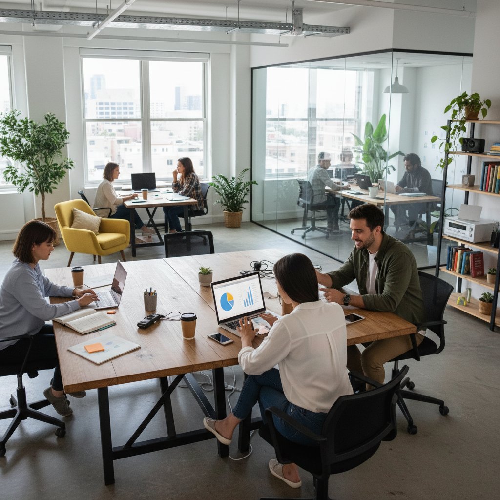 Konsument podczas rozmowy z mediatorem w przestrzeni coworkingowej, notatnik, laptop