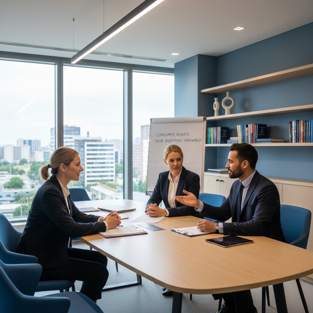Konsument rozmawia z doradcą prawnym, nowoczesne biuro, szczera wymiana informacji