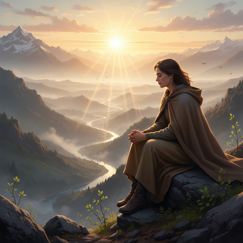 Nowy początek – osoba patrząca zamyślona o świcie, symbolizująca świeży start po nauce mindfulness