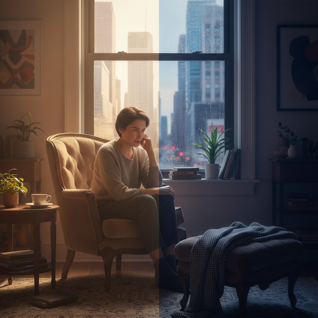 Osoba siedząca w miejskim mieszkaniu, patrząca przez okno z refleksją, ilustracja zmiany nastroju
