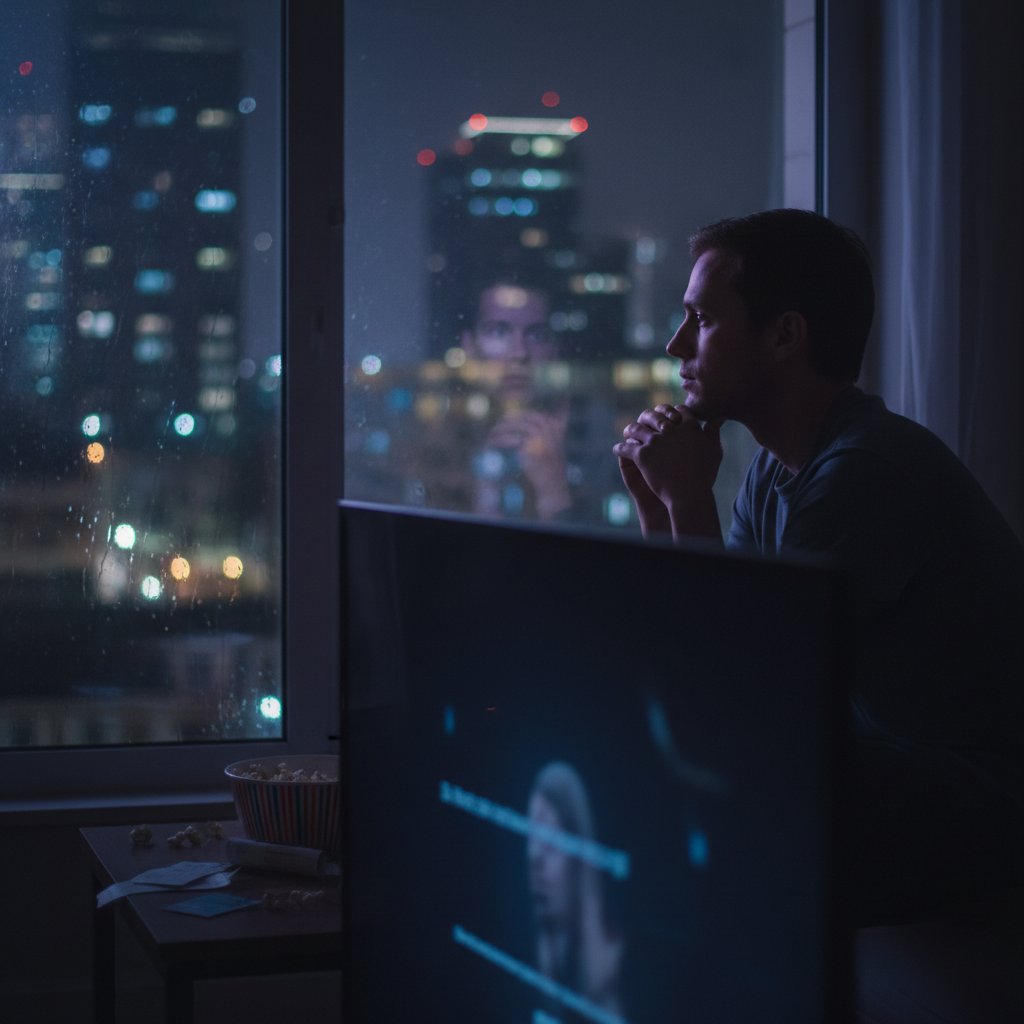 Contemplative person after watching a film, city lights outside, movie spiritual journey