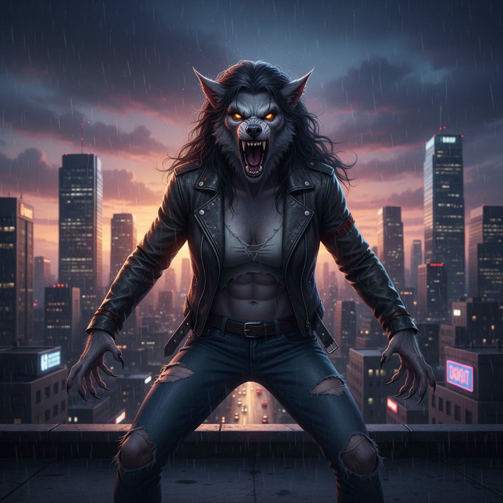 Contemporary photo of a fierce female werewolf with a defiant stance mid-roar on an urban rooftop at dusk, symbolizing empowered representation