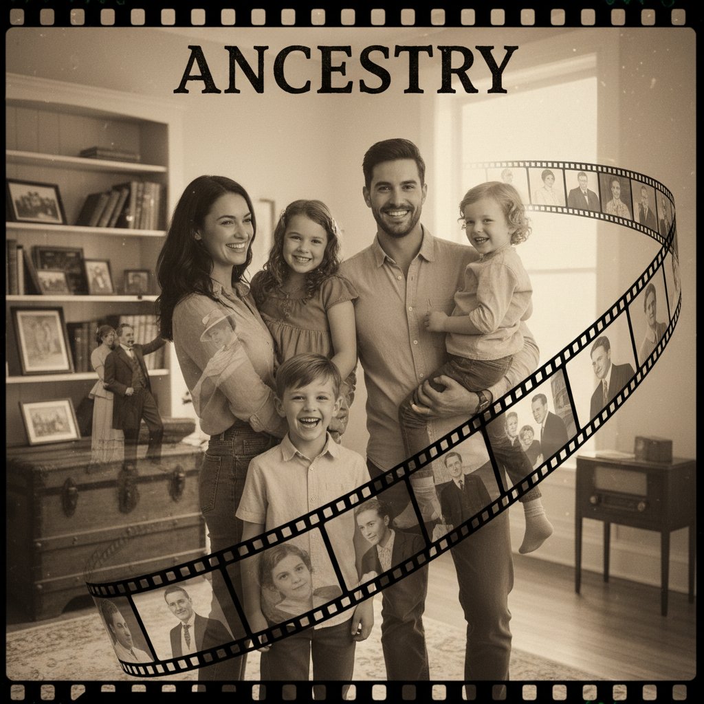 Modern family together, captivated by an old home movie.