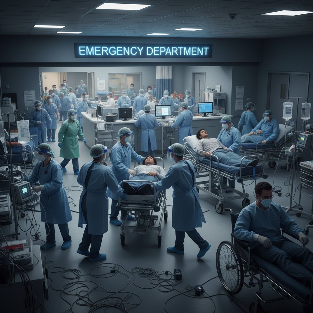 Intense emergency room from a modern medical drama, chaos and masked staff
