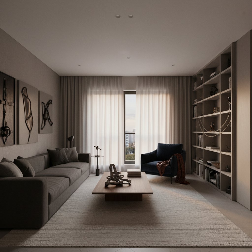 Nowoczesne polskie mieszkanie z subtelnymi akcentami BDSM, wieczorna atmosfera