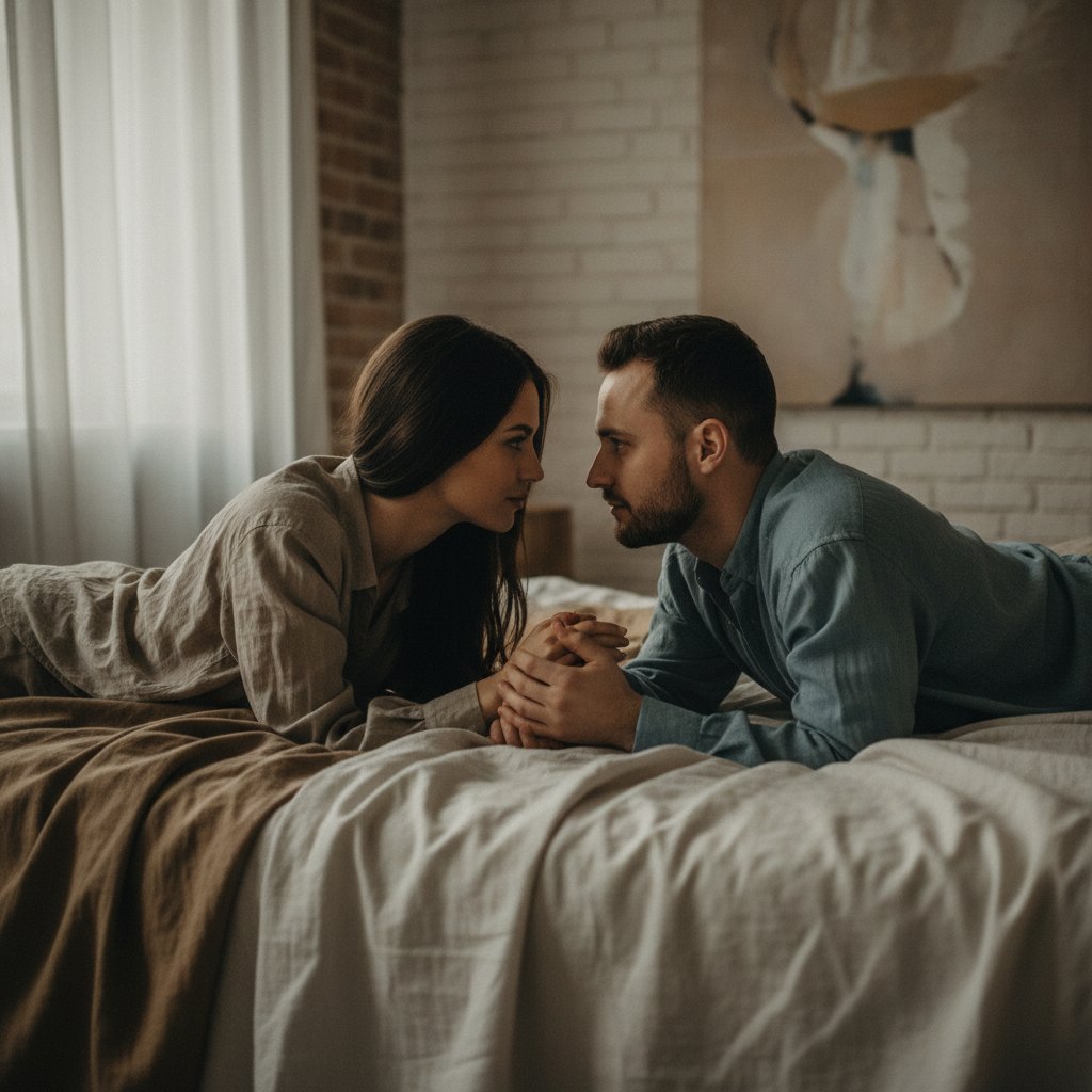 Para w intymnym spojrzeniu, eksplorująca seks tantryczny w atmosferze skupienia i obecności